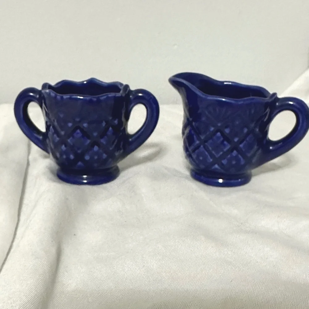 Vintage Mini Cream and Sugar Set Cobalt Blue Excellent Quilted Ceramic Tea Retro
